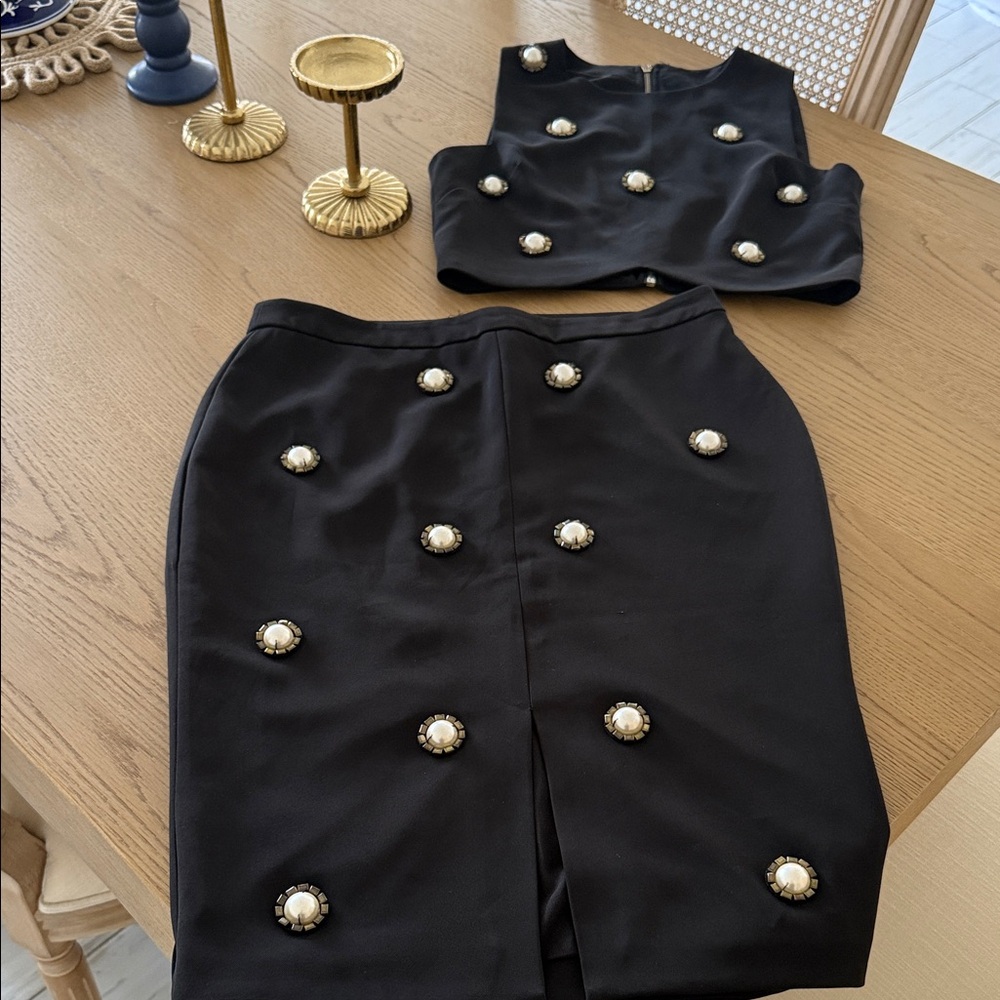 Endless Rose Black Skirt Set with Pearl Embellishments